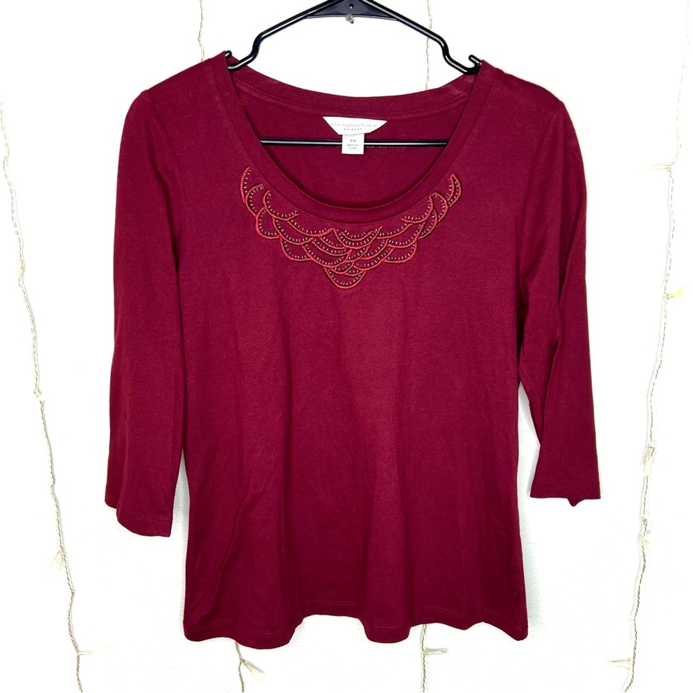P/S Soft Beaded Embroidered 3/4 Sleeve Currant Top
